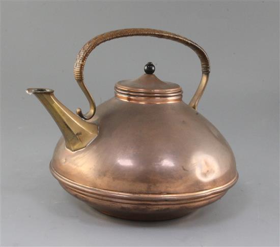 An Arts & Crafts copper compressed spherical kettle, by W.A.S. Benson, c.1895, overall height 37in.